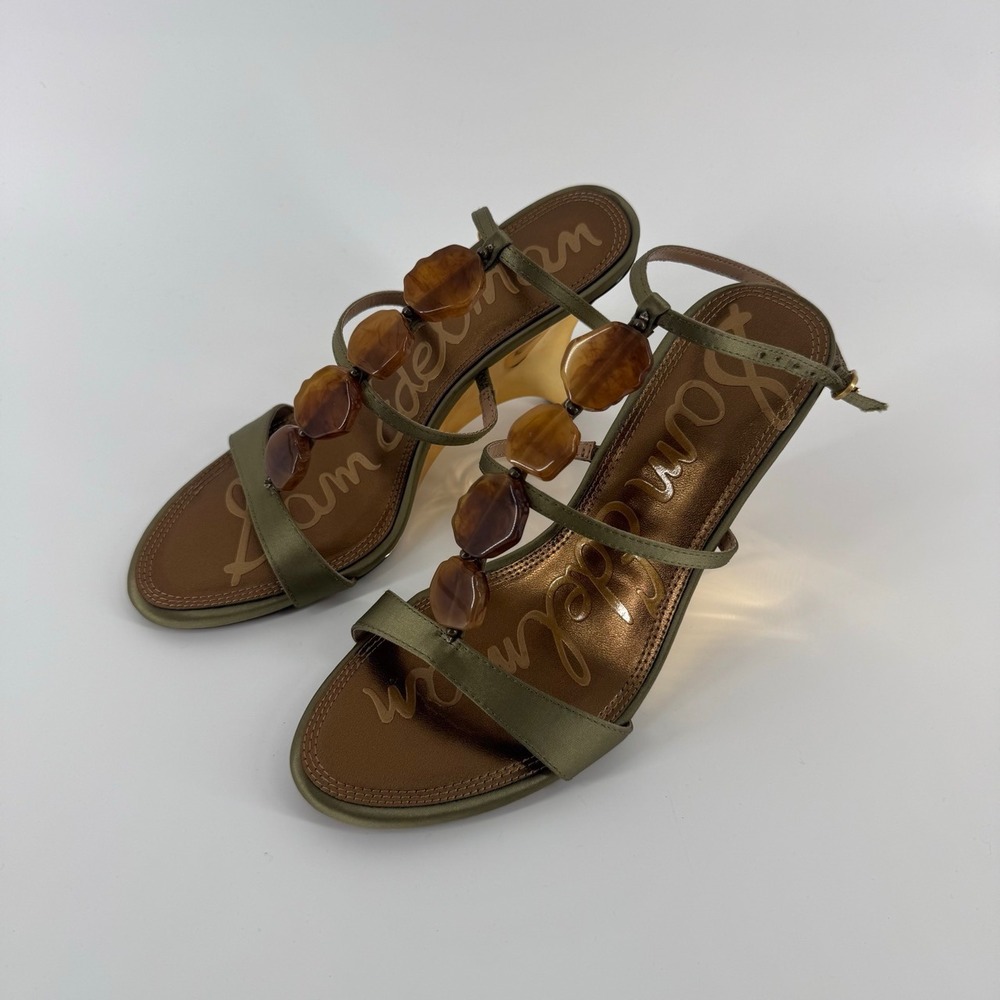 Sam Edelman Massey Olive Satin Wedge Sandals Gold Heel Tortoise 6.5 J9443F1300